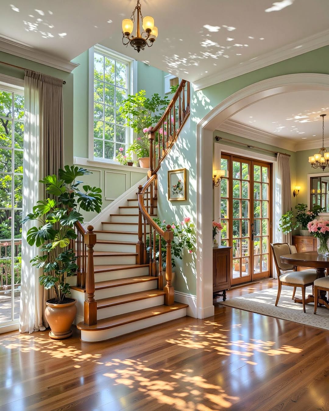 Sunlit staircase with plants