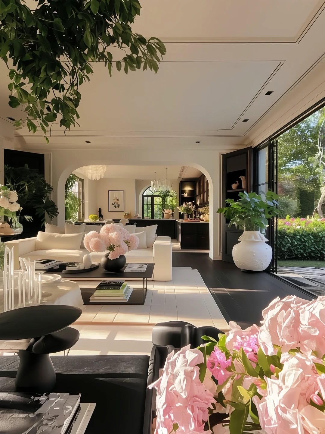 Modern living room with pink florals