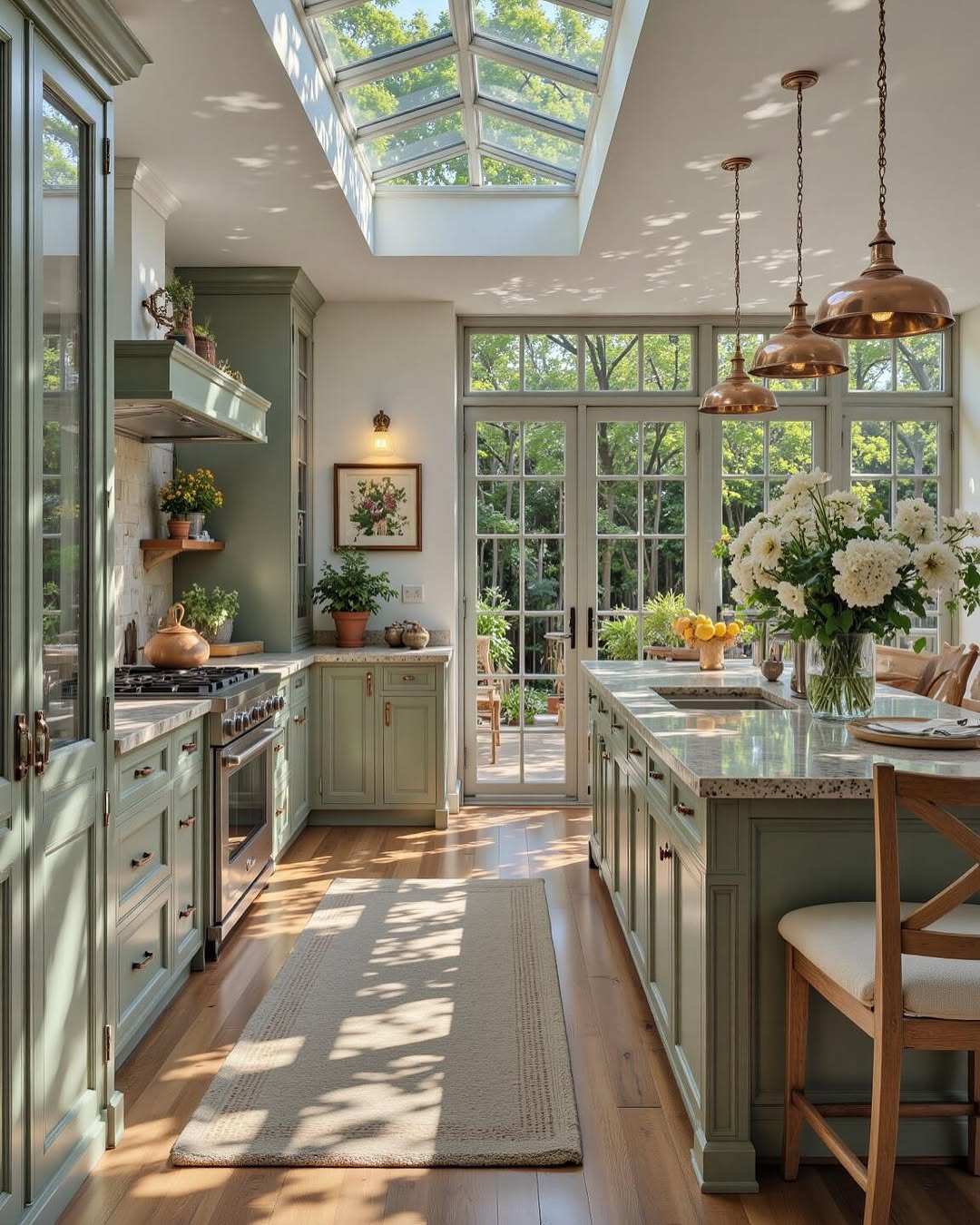 Green kitchen with skylight