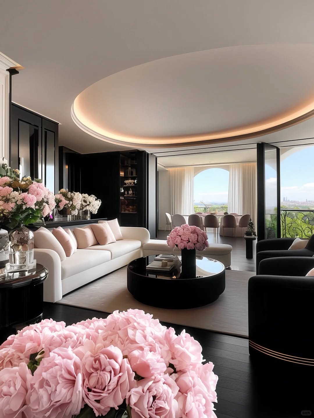 Luxe black and pink living room